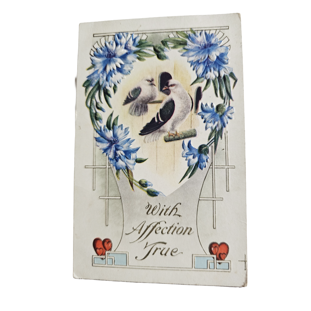 Embossed Antique Valentine Postcard Birds in Flower Heart