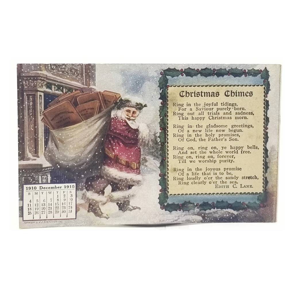 Antique Christmas Postcard, Santa with Calendar, Edith Lane Poem, Early Undivided Back