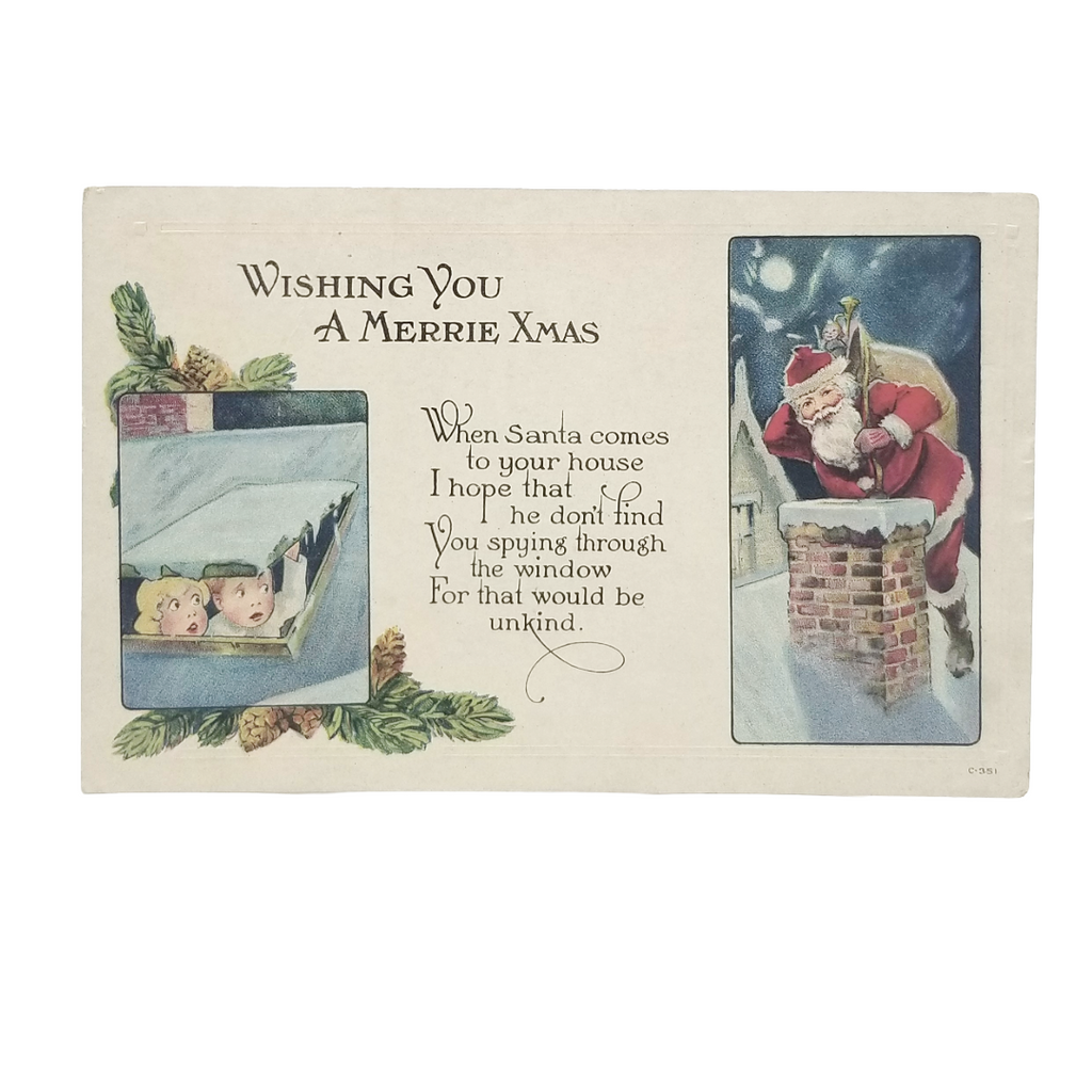 Antique Christmas Postcard, Santa Down Chimney Children Watching, Edwardian  Card 351