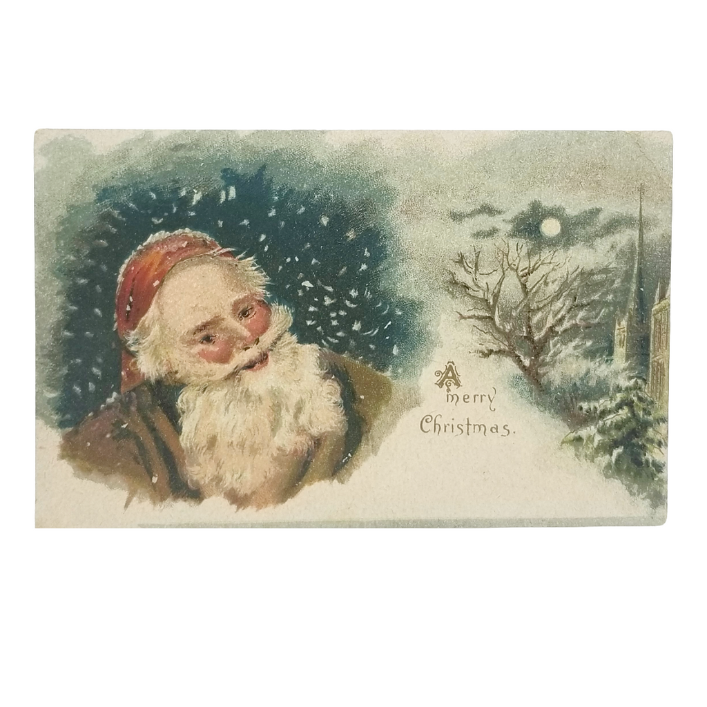 Antique Christmas Postcard, Santa in Brown Robe, Saint Nick Under Moon by Church