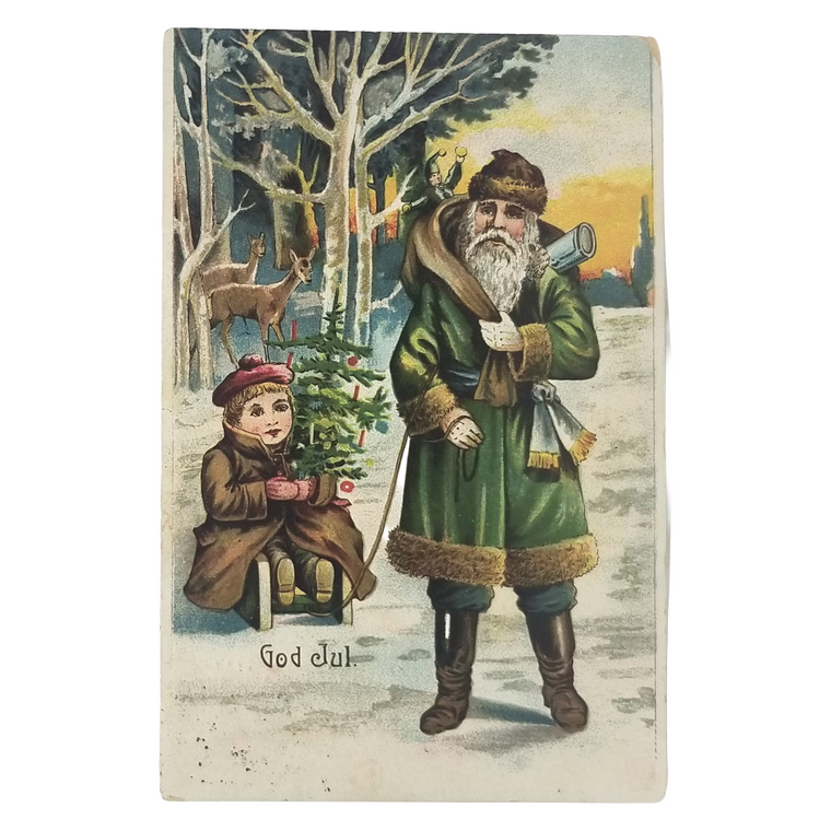 Antique Christmas Postcard, Santa in Green Robe, Old World Santa & Child in Snow, Swedish Card
