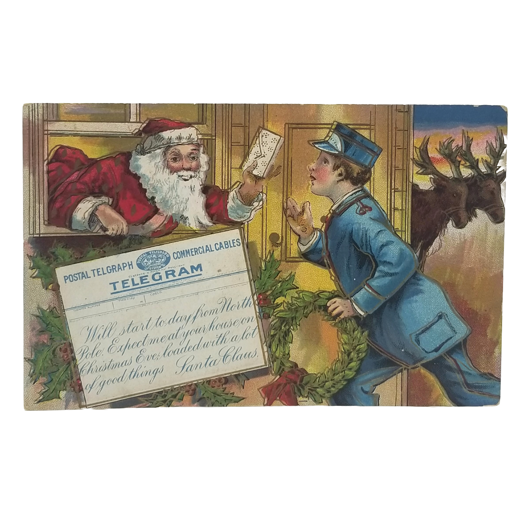 Antique Christmas Postcard, Santa Telegram at Workshop, Postal Mail Special Delivery