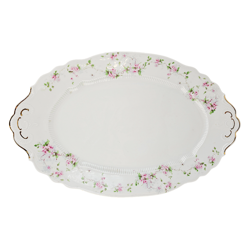 Large Antique Austrian Porcelain Carlsbad Serving Platter Pink Cabbage Rose Pattern