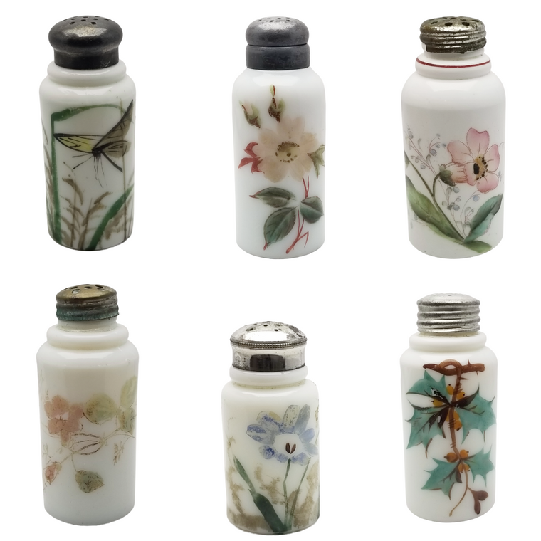 Victorian Hand Painted Milk Glass Opalware Shakers Set of Six (6)