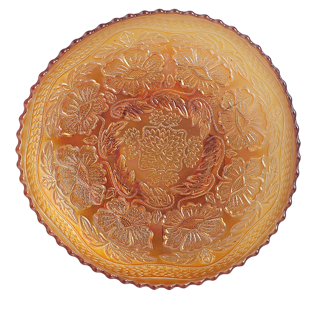 Fenton Marigold Carnival Glass Footed Bowl: Dogwood & Marsh Lily Pattern