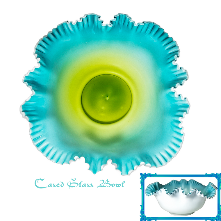 Victorian Cased Glass Bride's Basket Blue Green Satin Finish