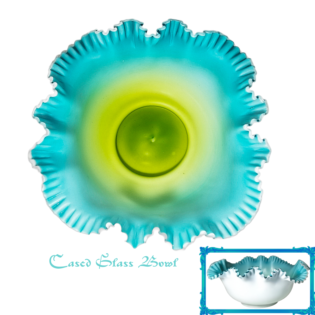 Victorian Cased Glass Bride's Basket Blue Green Satin Finish