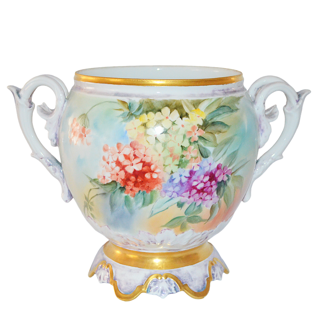 Antique Limoges Jardiniere Planter Hand Painted Phlox Artist Signed Porcelain Planter