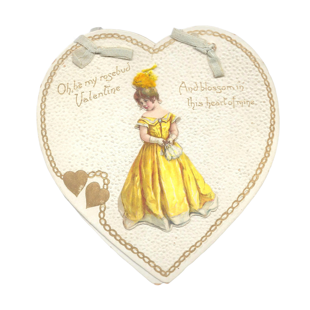 Die Cut Valentine Raphael Tuck Gold Embossed Heart Shaped Card Young Girl in Yellow Gown