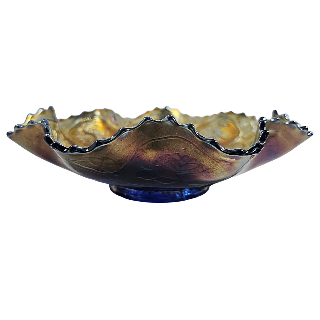 Fenton Dragon & Lotus Pattern Ruffled Cobalt Carnival Glass Bowl
