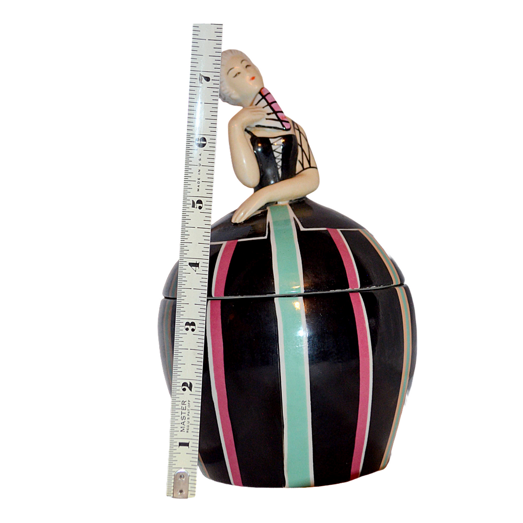 Robj French Art Deco Covered Jar Tobacco or Vanity Box Asian Lady w/ Fan