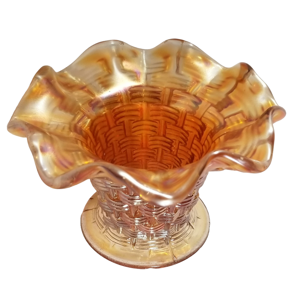 Antique Dugan Persian Garden Big Basketweave Marigold Carnival Glass Squat Vase Fruit Bowl Base