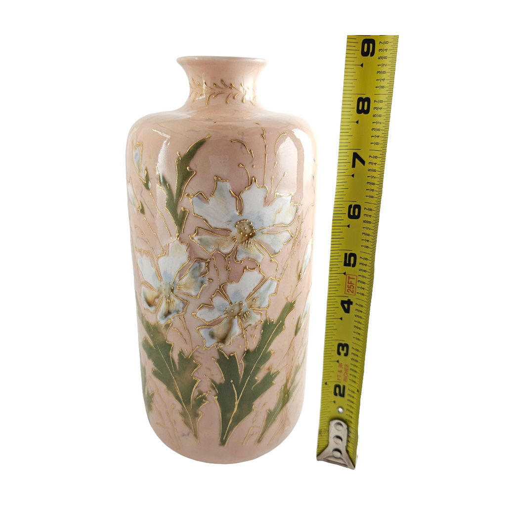 RS Prussia Porcelain Vase, Enamel White Flowers, Mold 909, 9 Inch