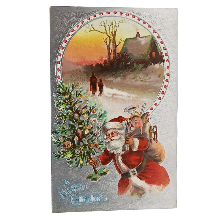 Vintage Christmas Postcard, Santa Claus w/ Toys & Tree, Silver Embossed Cottage Scene