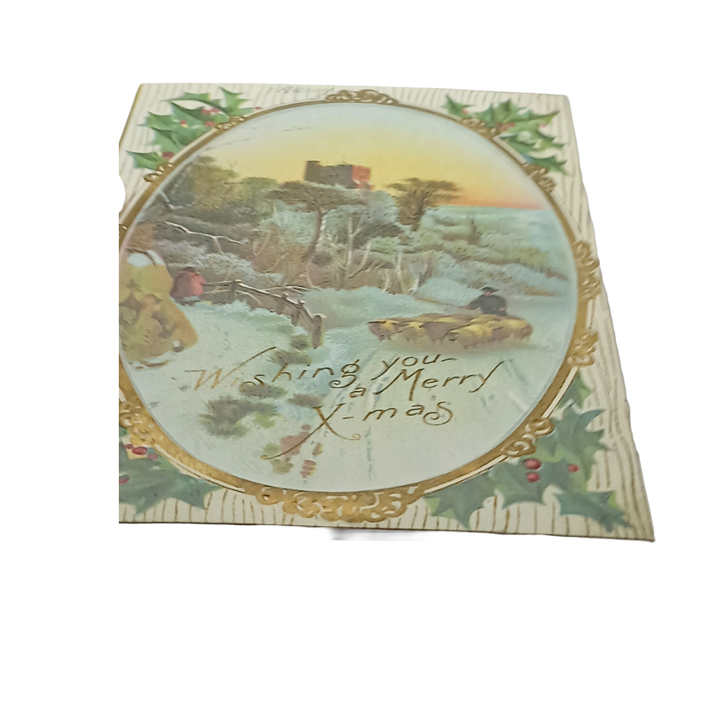 Christmas Postcard Farmer with Sheep In Winter Gold Highlights