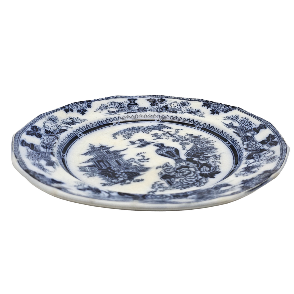 Antique English Flow Blue Ironstone Plate: W Adams & Sons Transferware, Oriental Chinoiserie Jeddo