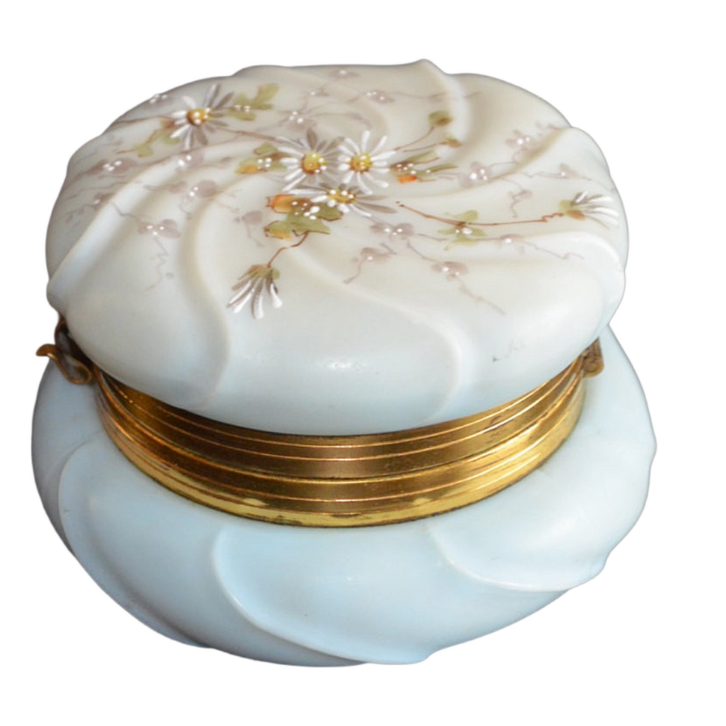 CF Monroe Helmschmeid Swirl Blue Opal Ware Dresser Box with Painted Daisies