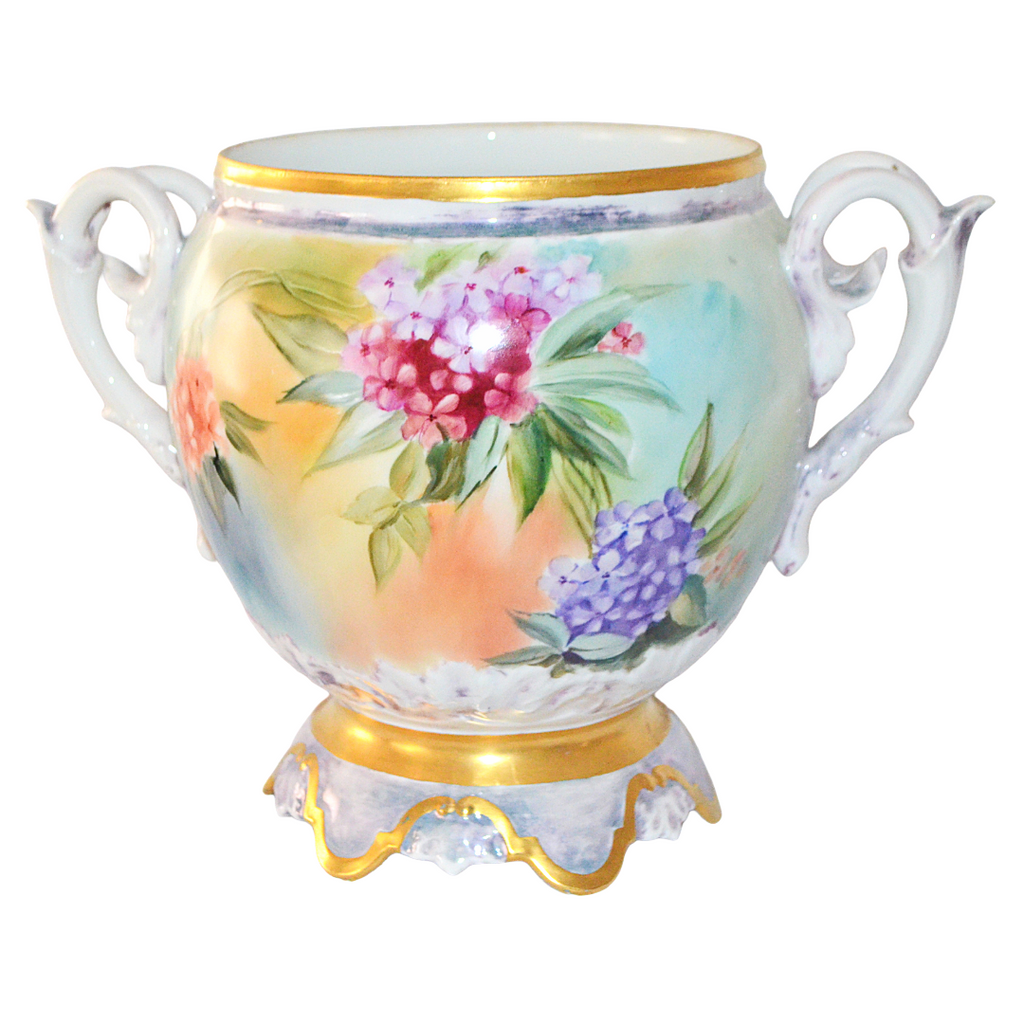Antique Limoges Jardiniere Planter Hand Painted Phlox Artist Signed Porcelain Planter