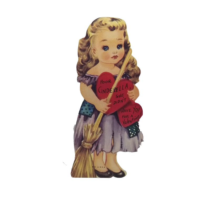 Die Cut Valentine Card Poor Cinderella Holding Broom & Heart 1940s