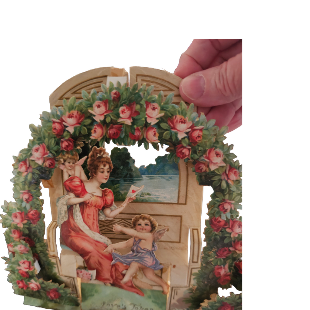 Large Antique 3D Die Cut Valentine Card Brundage Woman with Cupids on Garden Bench