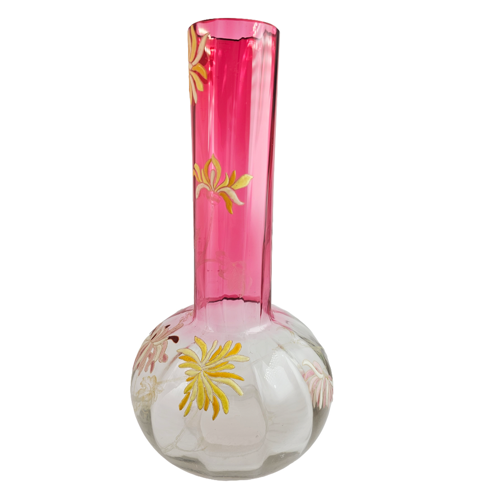 French Art Glass Chrysanthemums Vase, Legras St Denis Mont Joye Bottle Neck
