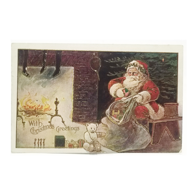 Christmas Postcard Santa Claus Delivering Gifts White Teddy Bear by Fireplace