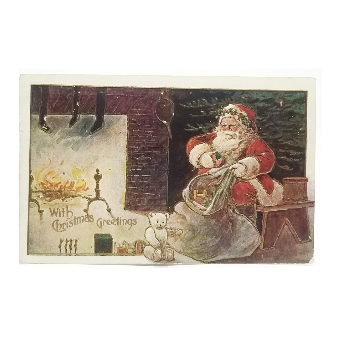 Christmas Postcard Santa Claus Delivering Gifts White Teddy Bear by Fireplace