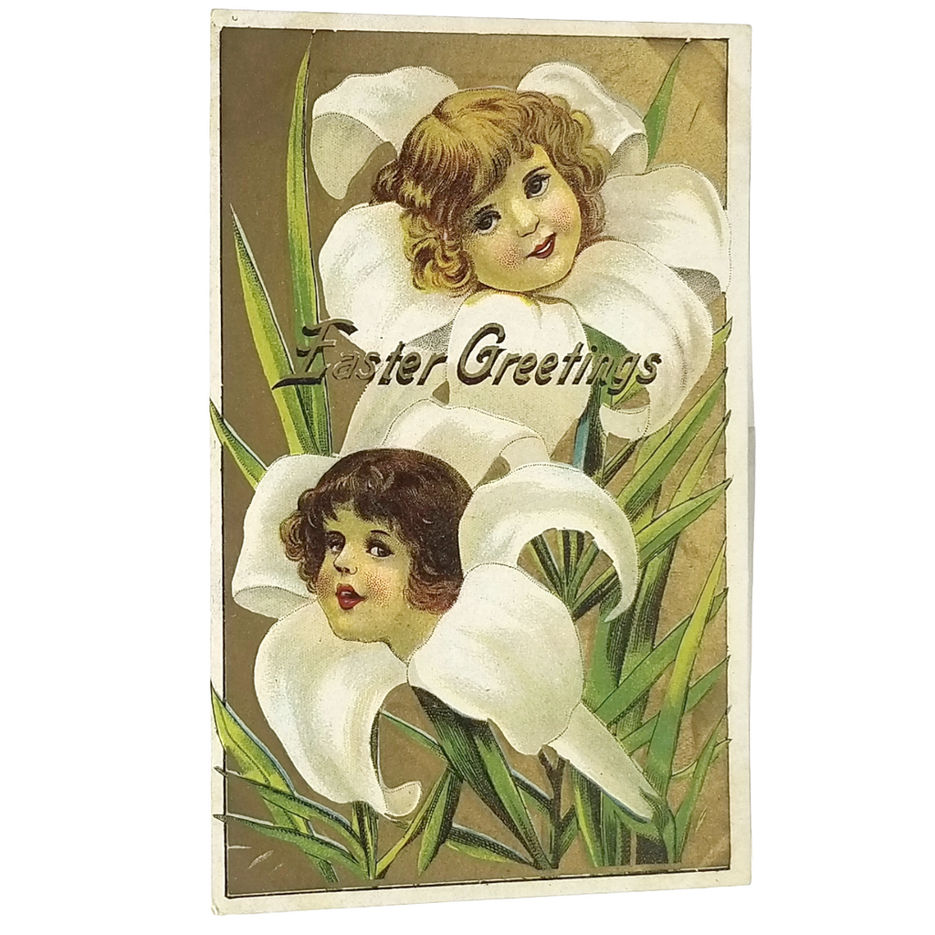 Easter Postcard Children's Faces in White Lily Flowers Series D