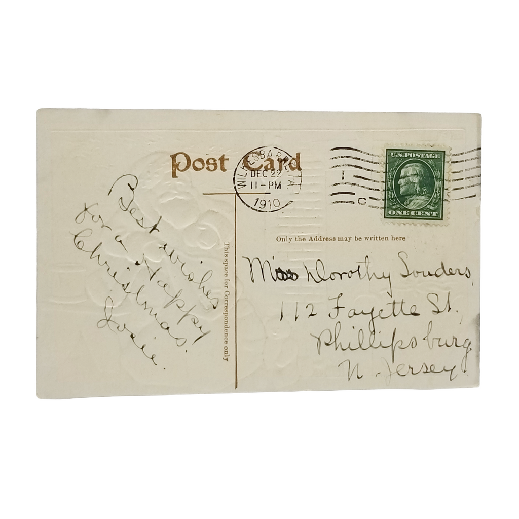 Christmas Postcard Santa Claus Delivering Gifts White Teddy Bear by Fireplace