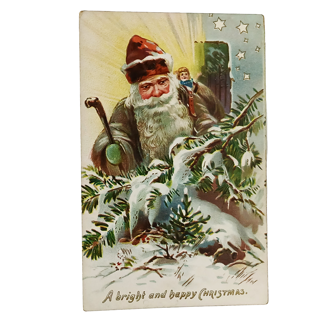 Christmas Postcard Old World Santa Grey Robe w/ Toys Evergreen Tuck 1022