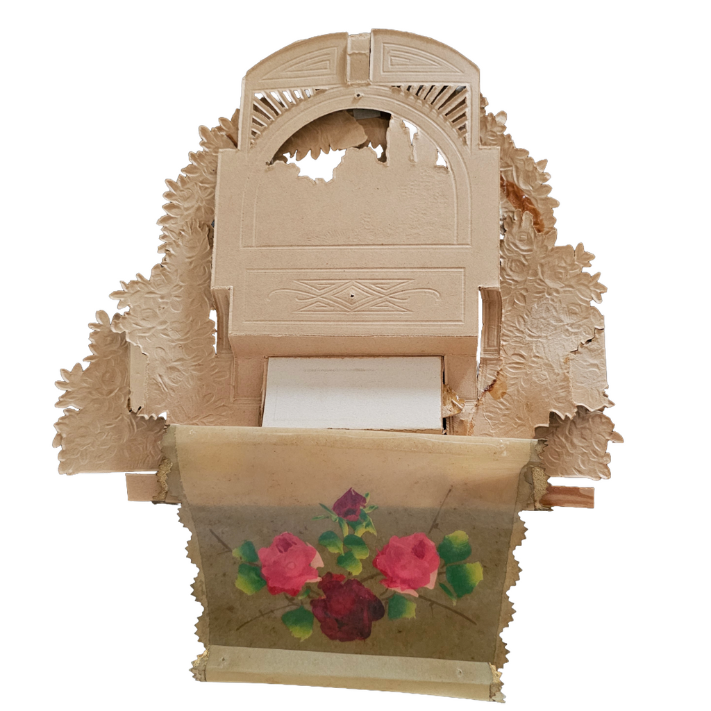 Large Antique 3D Die Cut Valentine Card Brundage Woman with Cupids on Garden Bench