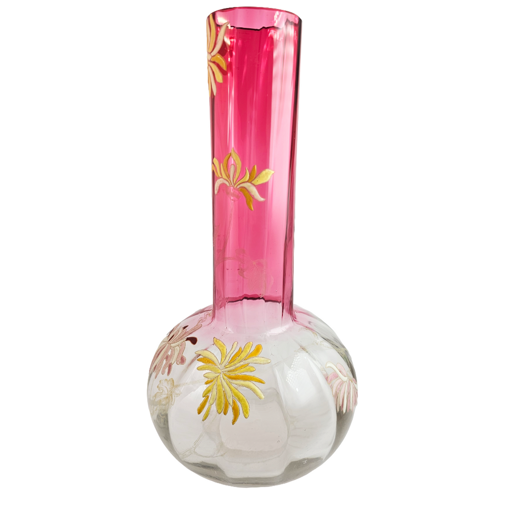 French Art Glass Chrysanthemums Vase, Legras St Denis Mont Joye Bottle Neck