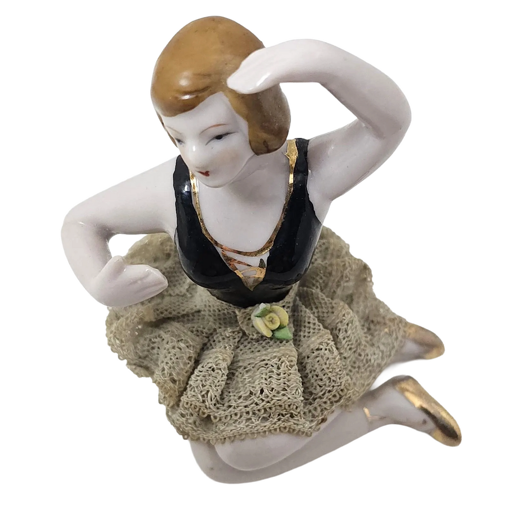 Porcelain Bisque Bathing Beauty Seated Ballerina Dresden Lace Skirt