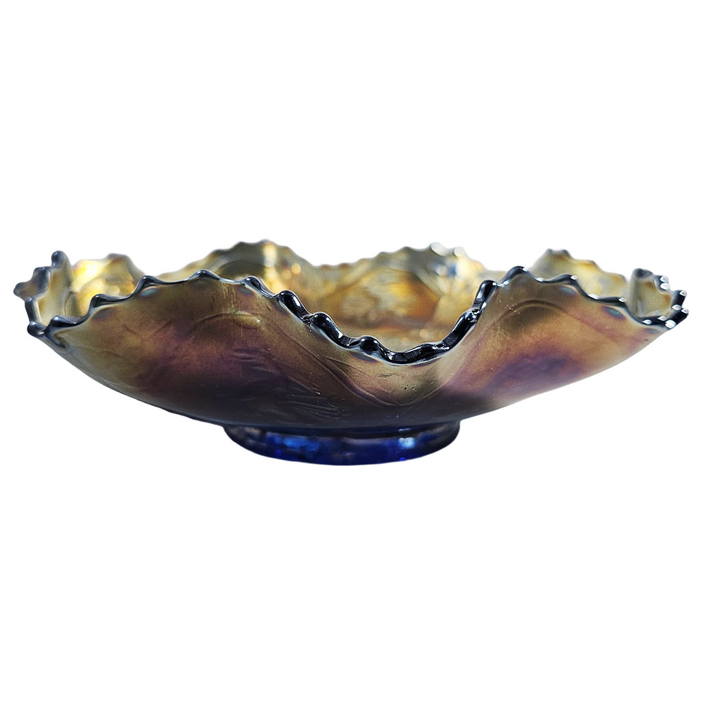 Fenton Dragon & Lotus Pattern Ruffled Cobalt Carnival Glass Bowl