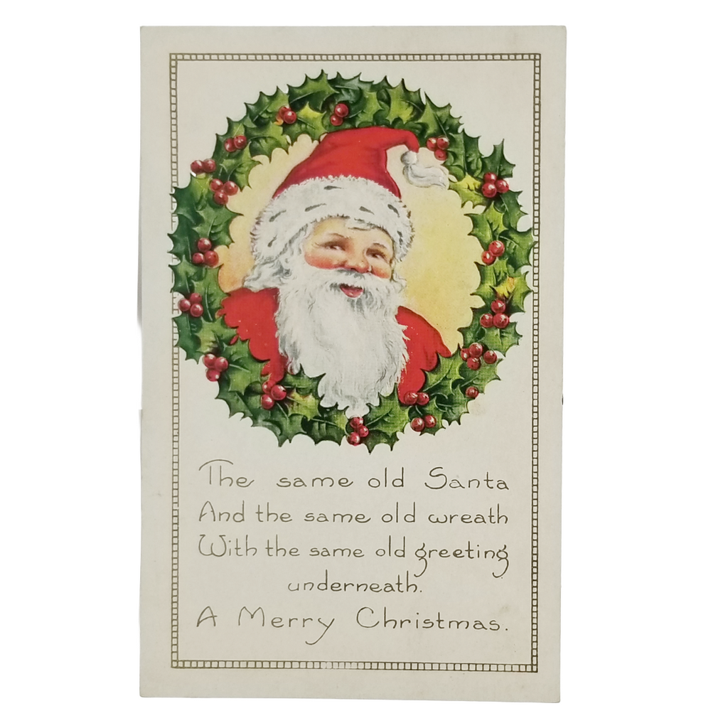 Antique Christmas Card, Santa Claus Postcard Victorian Style Jolly Saint Nick w/ Holly