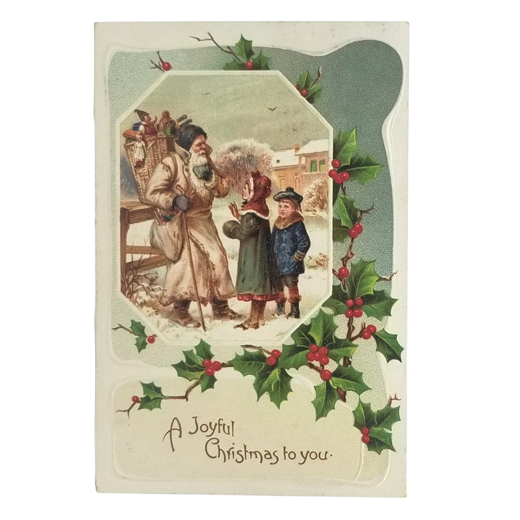 Antique Christmas Postcard, Old World Santa in White Robe, Saint Nick with Children in Snow