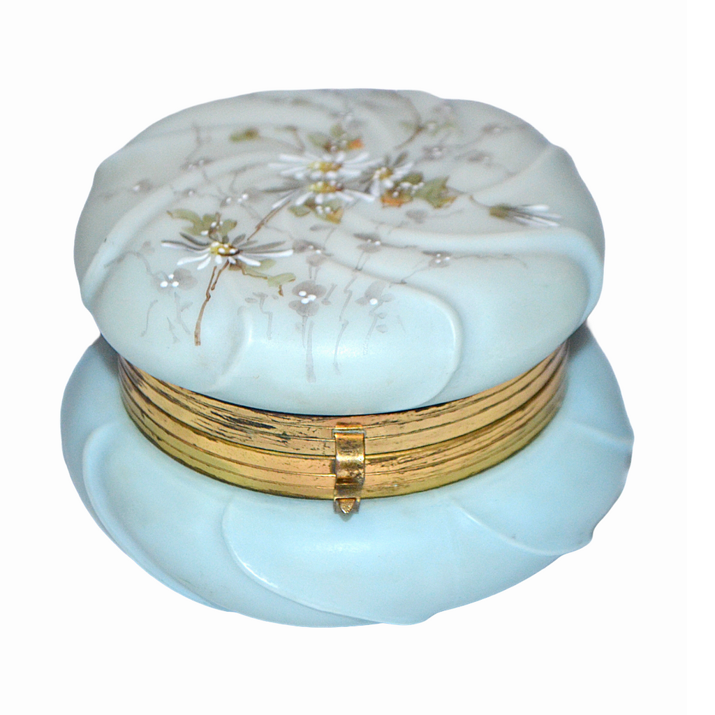 CF Monroe Helmschmeid Swirl Blue Opal Ware Dresser Box with Painted Daisies