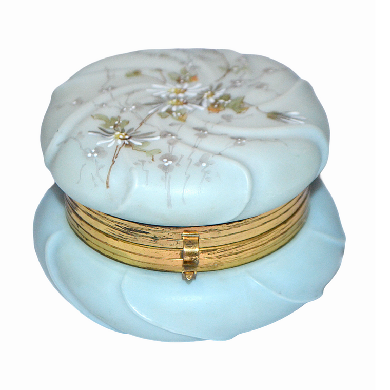 CF Monroe Helmschmeid Swirl Blue Opal Ware Dresser Box with Painted Daisies