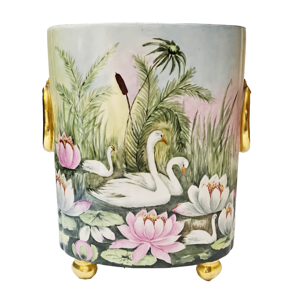 Limoges French Porcelain Cachepot & Fernery Vase HP Swans and Waterlilies AS Hoffman