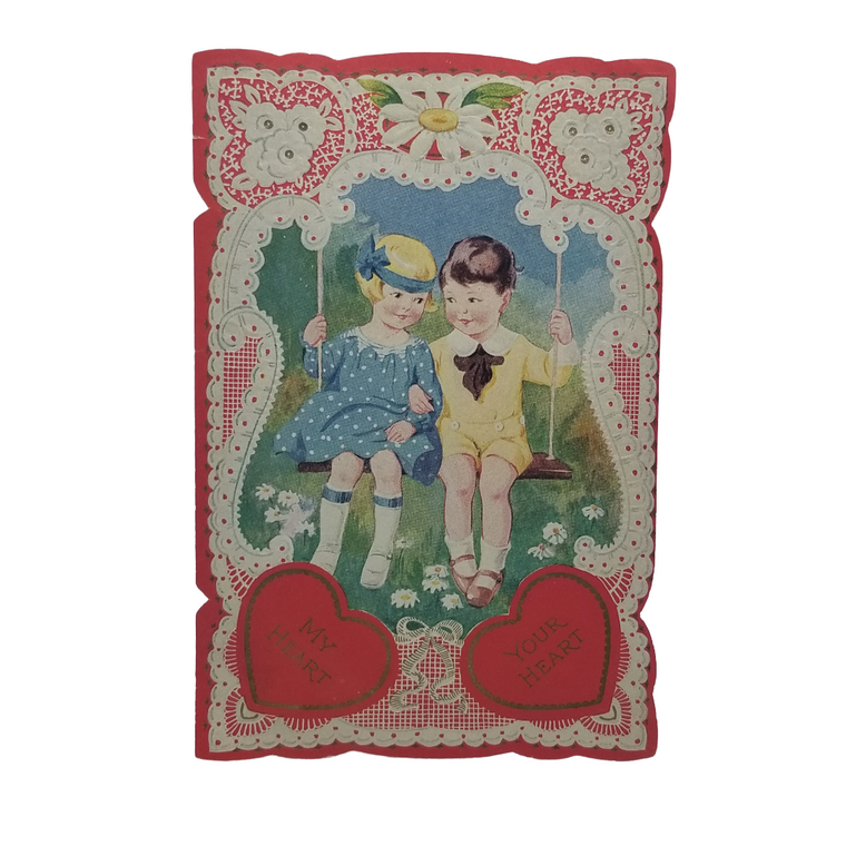 Die Cut 1930s Valentine Card Children on Swing Hearts & Lace