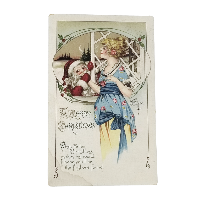 Christmas Postcard Santa Claus Peaking On Beautiful Woman Artist Kathryn Elliott