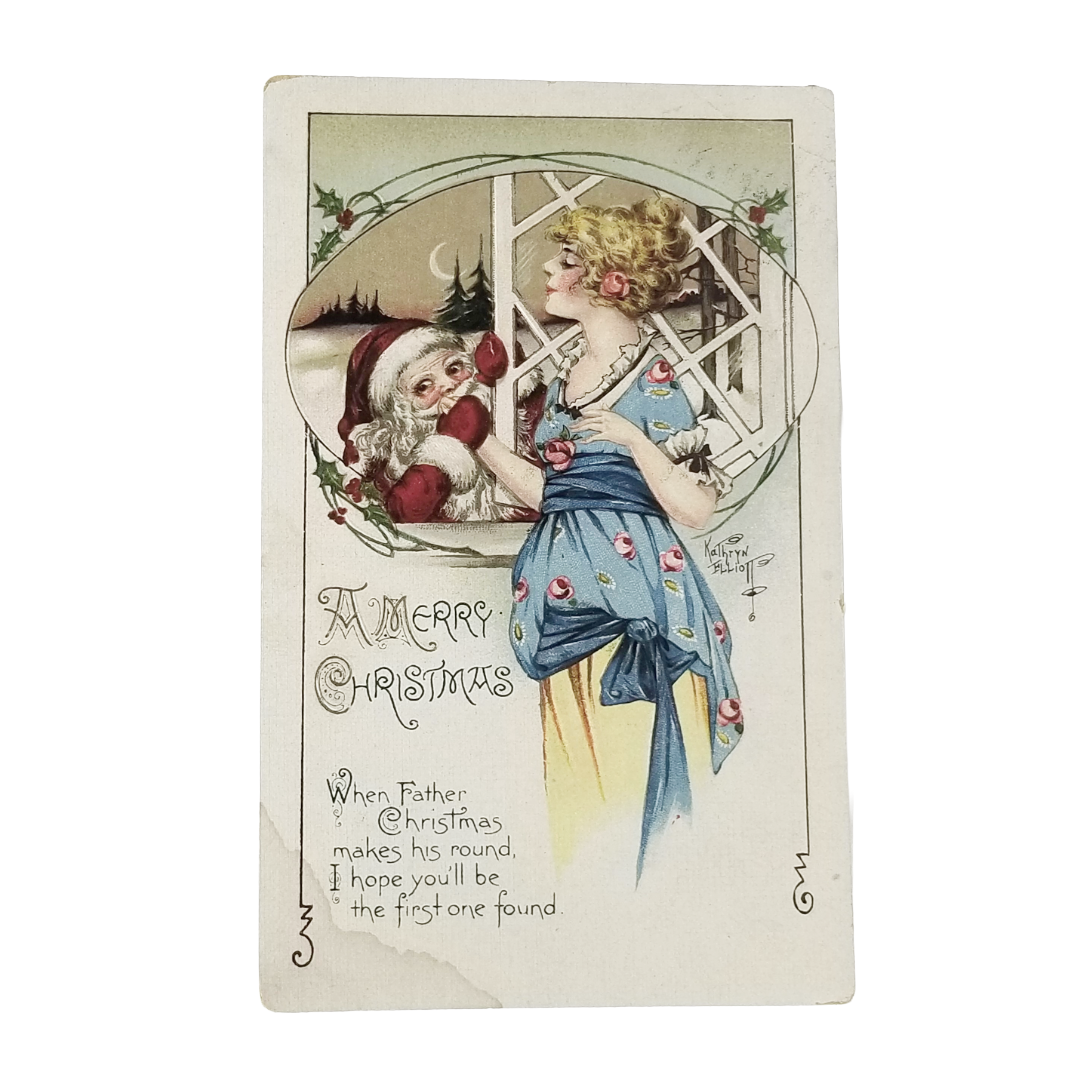 Christmas Postcard Santa Claus Peaking On Beautiful Woman Artist Kathryn Elliott
