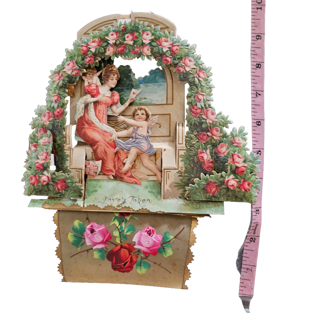 Large Antique 3D Die Cut Valentine Card Brundage Woman with Cupids on Garden Bench
