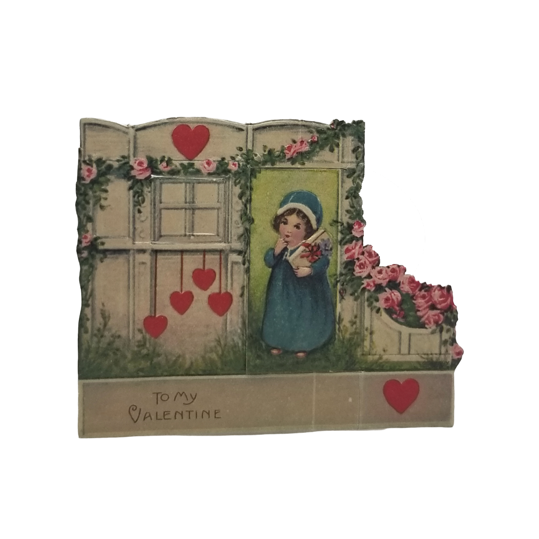 Vintage German Valentine Die Cut Card Fold Out Little Girl at Door