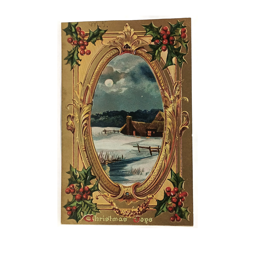 Christmas Postcard Tuck Publishing Gold Embossed Holly Series Winter Landscape