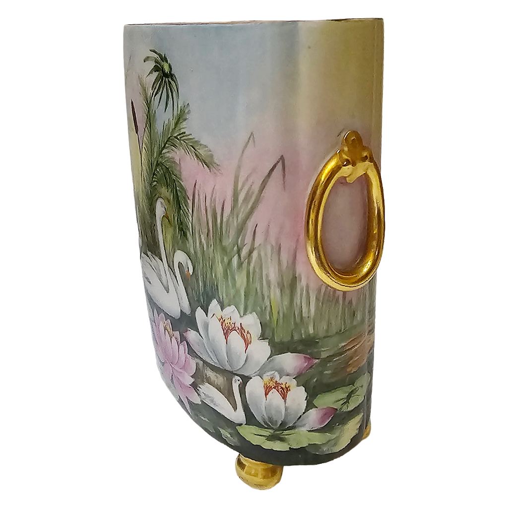 Limoges French Porcelain Cachepot & Fernery Vase HP Swans and Waterlilies AS Hoffman