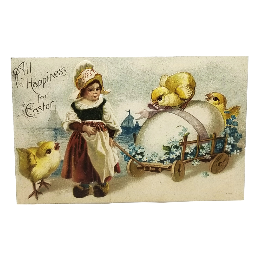 Easter Postcard Artist Ellen Clapsaddle Dutch Girl Egg Cart Baby Chicks