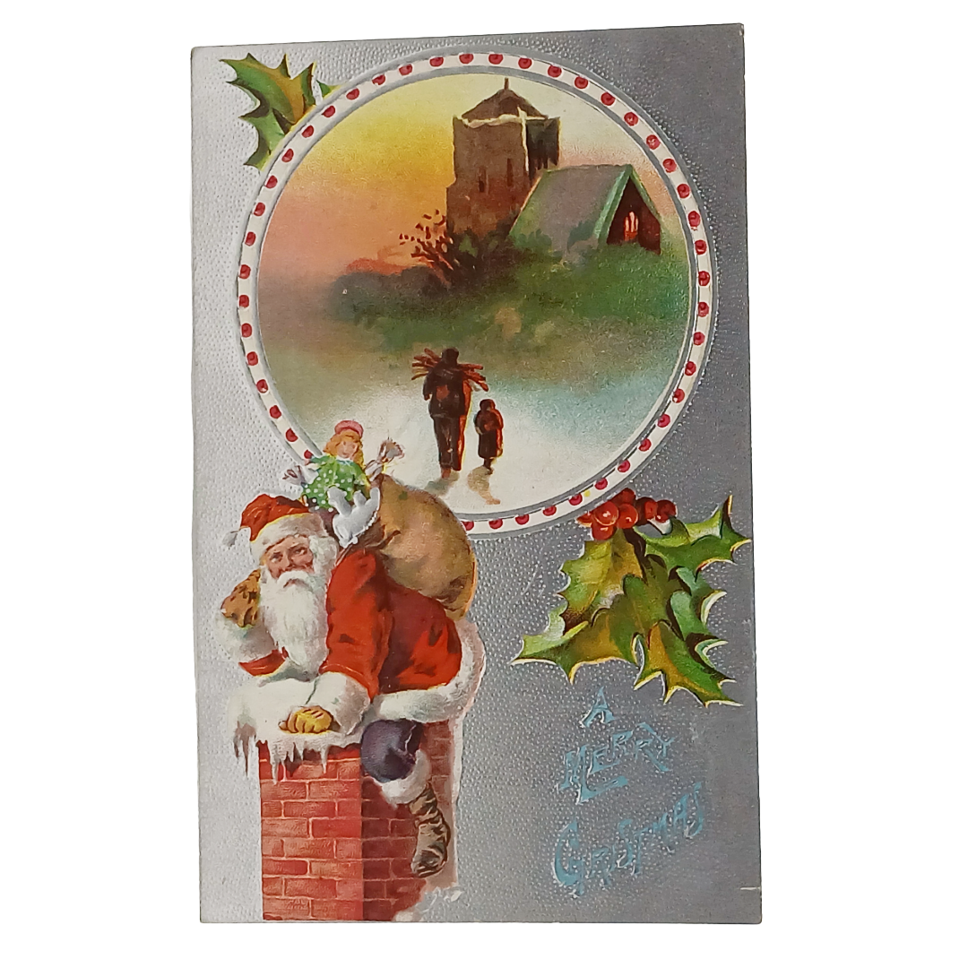 Vintage Christmas Postcard, Santa Claus Climbing Chimney, Silver Embossed Cottage Scene