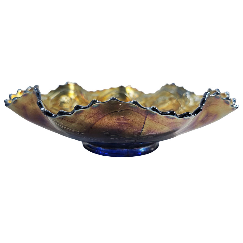 Fenton Dragon & Lotus Pattern Ruffled Cobalt Carnival Glass Bowl