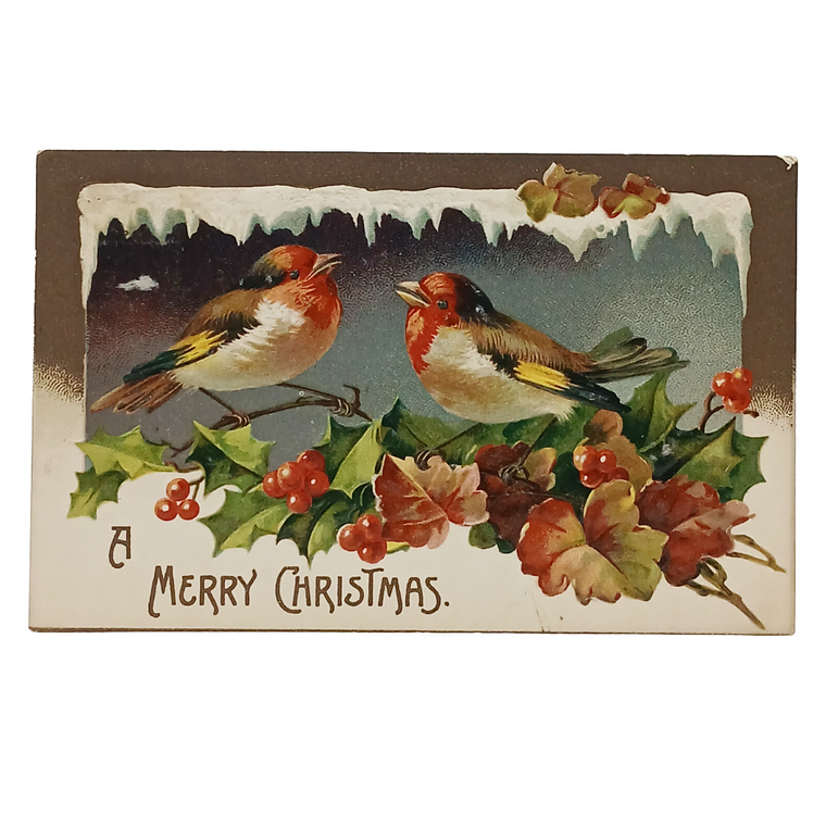 Christmas Postcard European Goldfinch Birds on Holly Branch IAP 1061